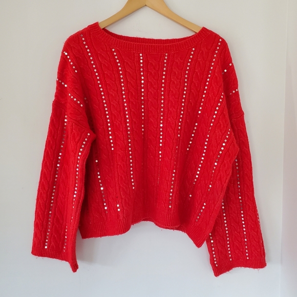 ADYSON PARKER L Red Boxy Crop Sweater Sequins Cable Knit LS Relaxed Fit Casual - Picture 1 of 12
